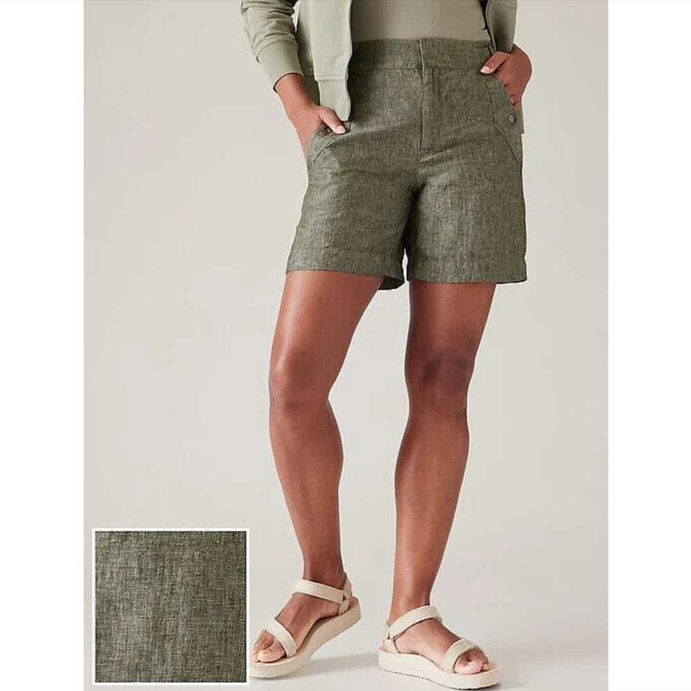 Athleta Voyager Linen Shorts in Aspen Olive